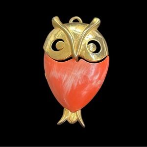 Vintage MCM Owl Pendant Gold Tone Orange Enamel 2.5 Inches Flaw READ